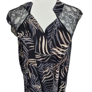 Cato Fern Leaf Print Blouse with Black Lace Sheer Sleeves Size 26/28